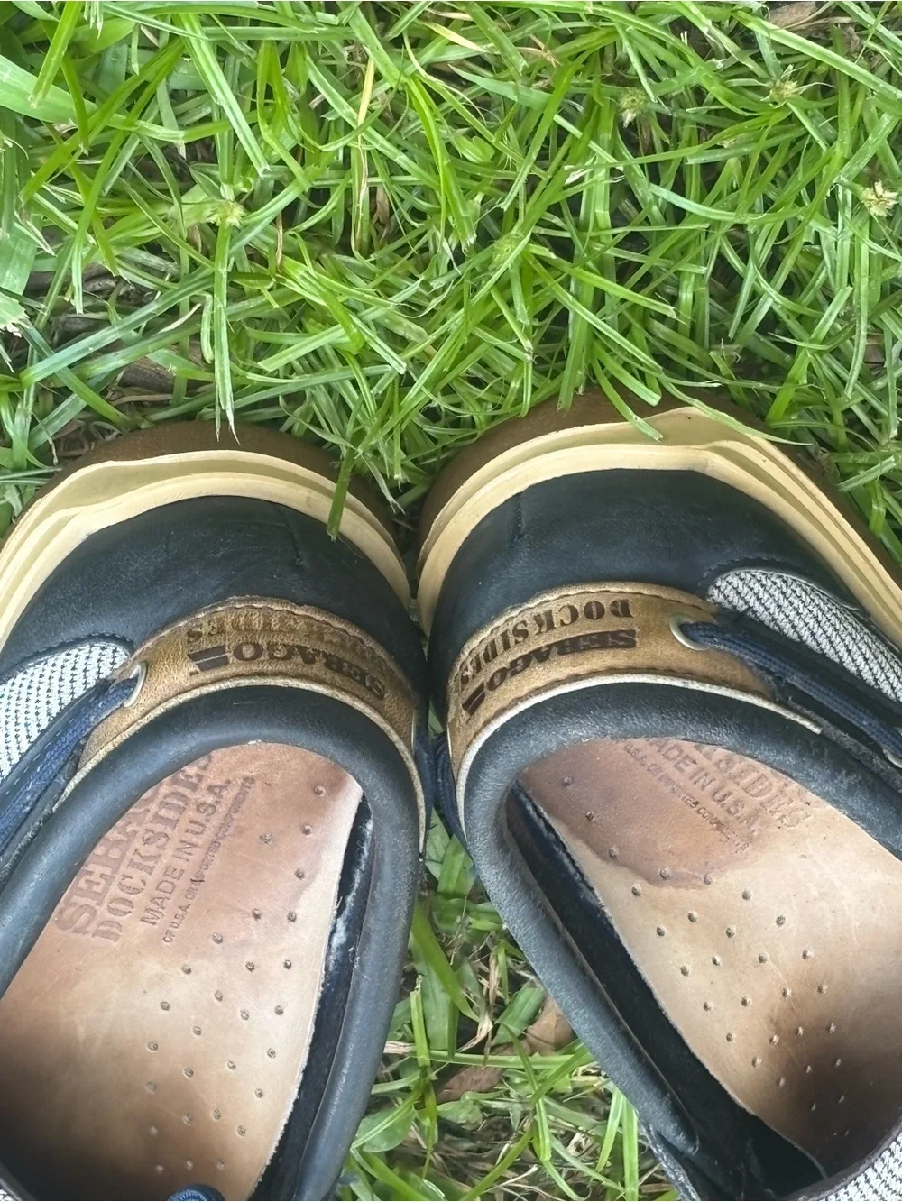 Leather Sebago Docksides boat size 9 shoes in navy blue.